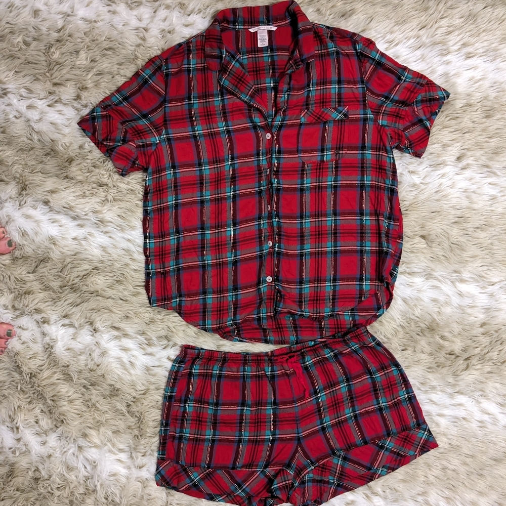 Victoria Secret Red Plaid Flannel Matching Pajamas Set Size Medium